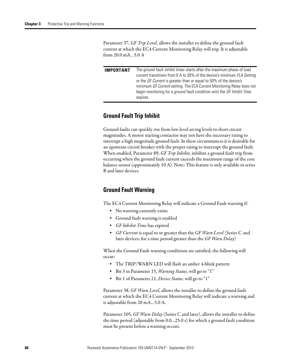 Ground fault trip inhibit, Ground fault warning | Rockwell Automation 193-EC4 EC4 Current Monitoring Relay User Manual User Manual | Page 39 / 157