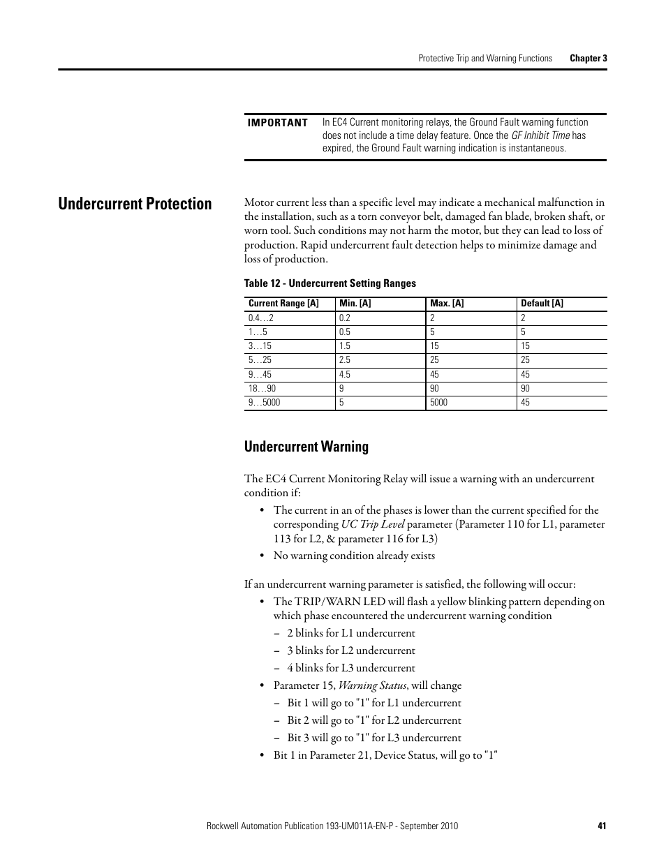 Undercurrent protection, Undercurrent warning | Rockwell Automation 193-EC4 EC4 Current Monitoring Relay User Manual User Manual | Page 40 / 157