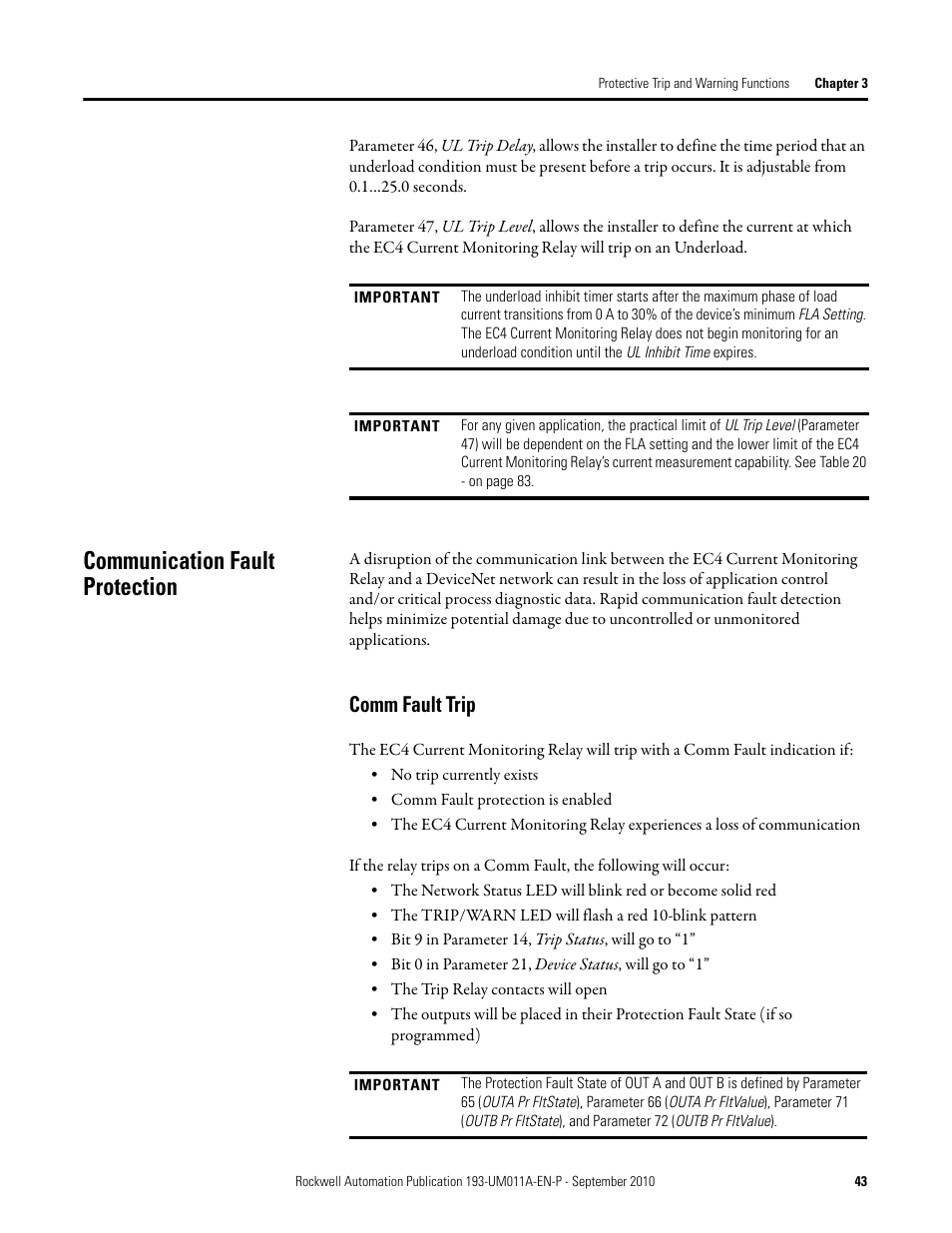 Communication fault protection, Comm fault trip | Rockwell Automation 193-EC4 EC4 Current Monitoring Relay User Manual User Manual | Page 42 / 157