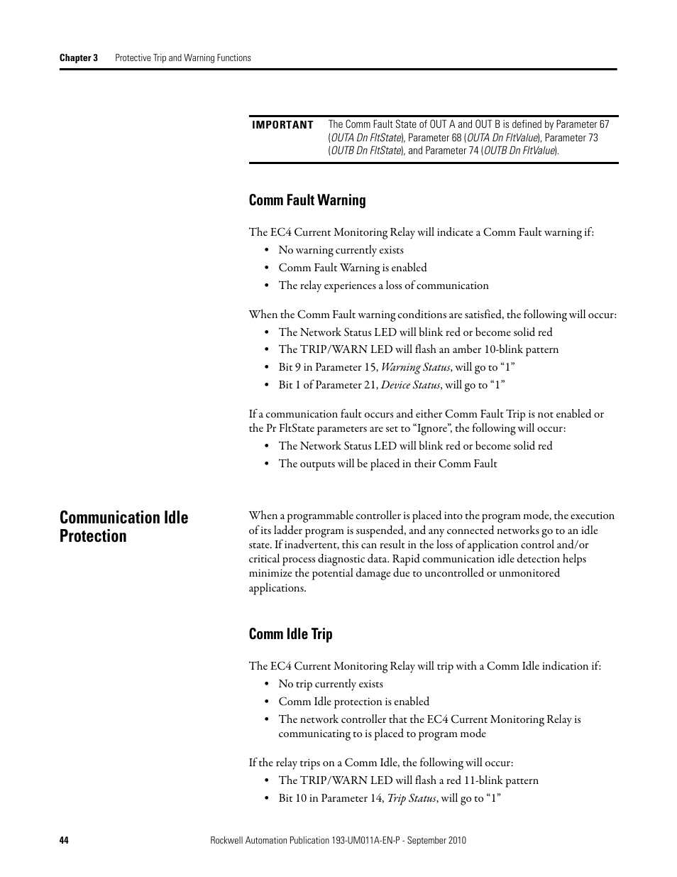 Communication idle protection, Comm fault warning, Comm idle trip | Rockwell Automation 193-EC4 EC4 Current Monitoring Relay User Manual User Manual | Page 43 / 157