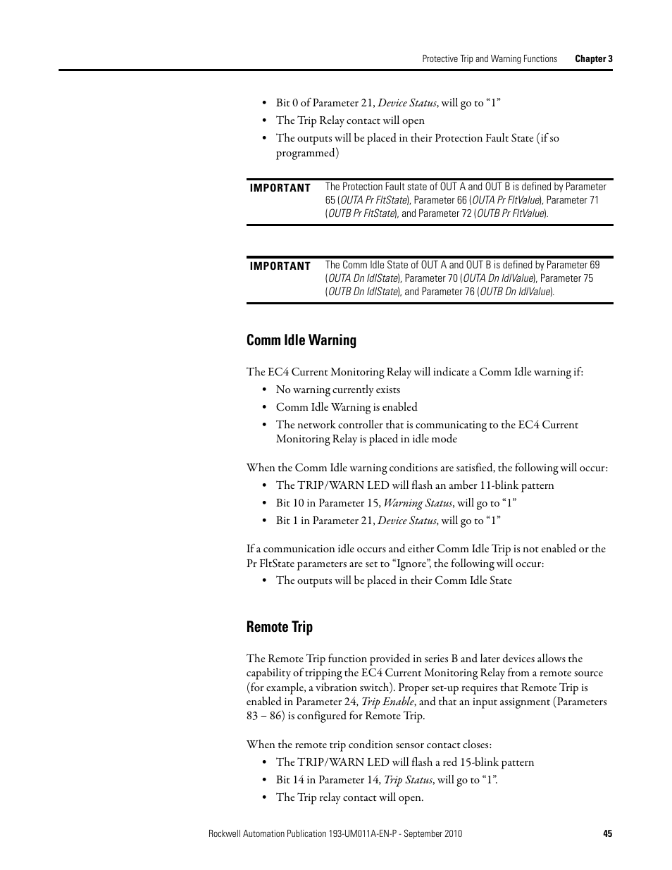 Comm idle warning, Remote trip | Rockwell Automation 193-EC4 EC4 Current Monitoring Relay User Manual User Manual | Page 44 / 157