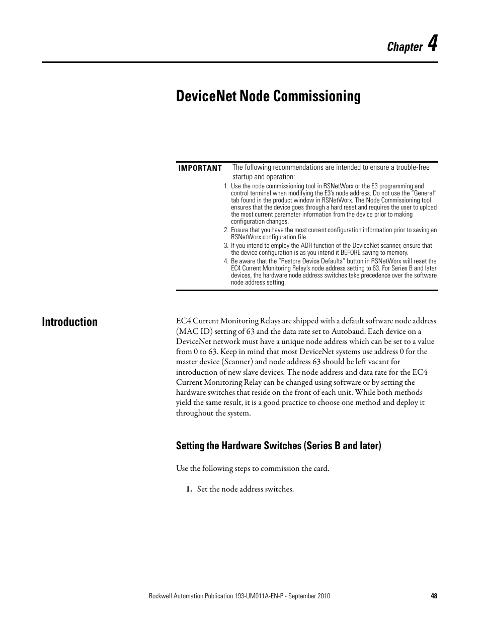 Devicenet node commissioning, Chapter, Introduction | Rockwell Automation 193-EC4 EC4 Current Monitoring Relay User Manual User Manual | Page 47 / 157