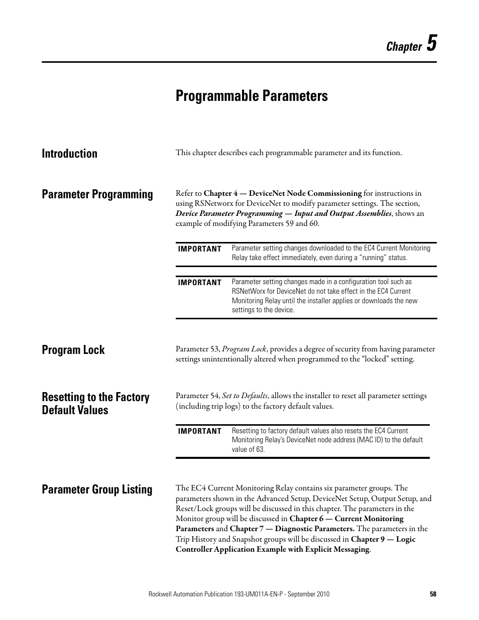 Programmable parameters, Chapter, Introduction | Parameter programming, Program lock, Resetting to the factory default values, Parameter group listing | Rockwell Automation 193-EC4 EC4 Current Monitoring Relay User Manual User Manual | Page 57 / 157