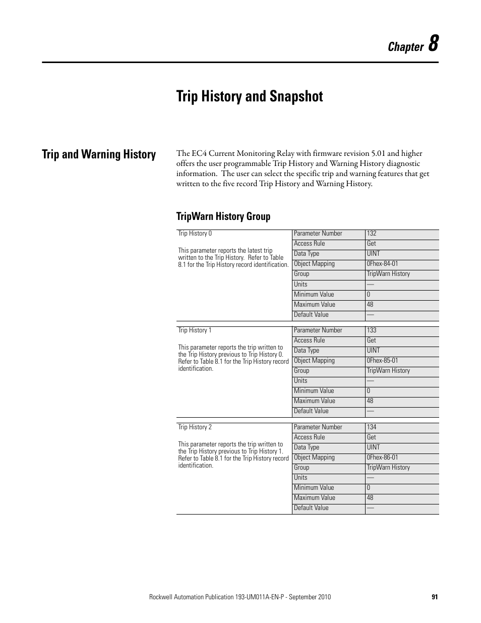Trip history and snapshot, Chapter, Trip and warning history | Tripwarn history group | Rockwell Automation 193-EC4 EC4 Current Monitoring Relay User Manual User Manual | Page 90 / 157