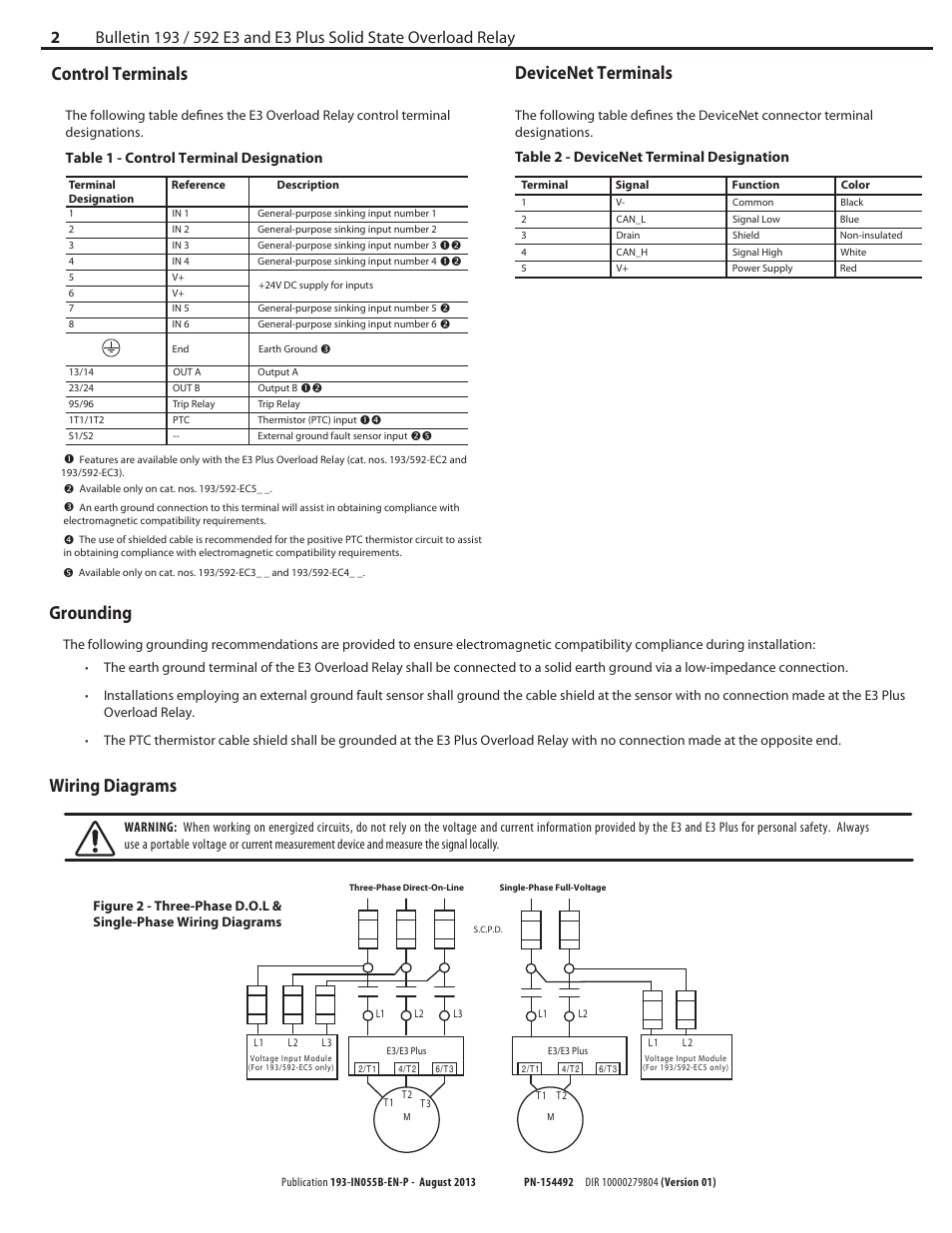 Control terminals, Grounding, Devicenet terminals | Wiring diagrams, Table 1 - control terminal designation, Table 2 - devicenet terminal designation | Rockwell Automation 592-ECxxx E3 and E3 Plus Solid State Overload Relay User Manual | Page 2 / 4