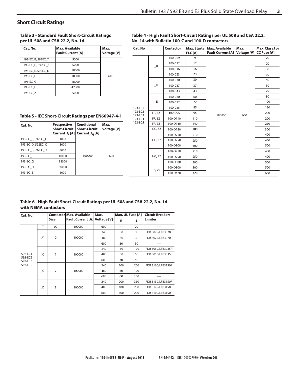 Short circuit ratings | Rockwell Automation 592-ECxxx E3 and E3 Plus Solid State Overload Relay User Manual | Page 3 / 4