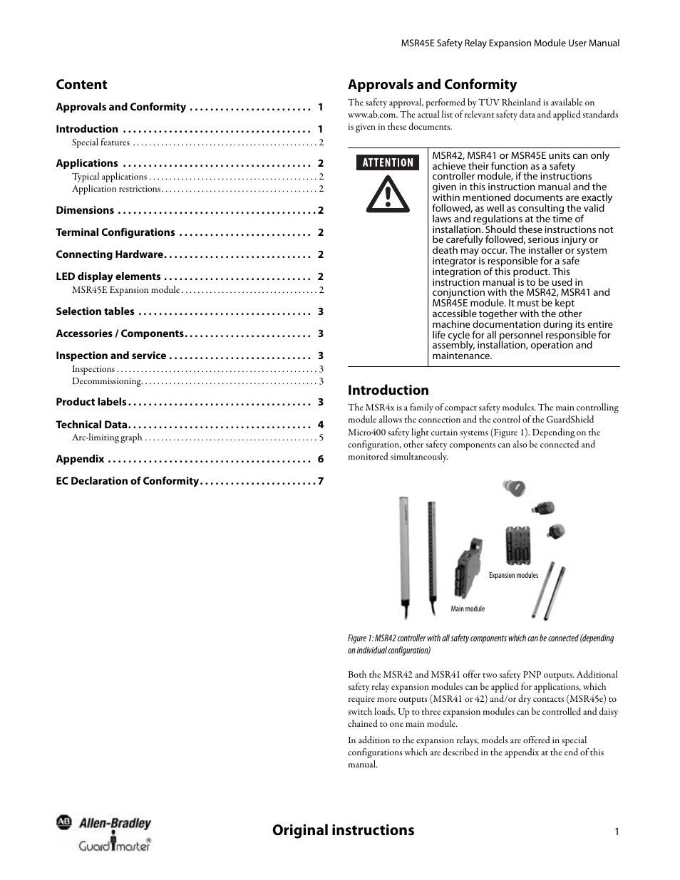 Content, Approvals and conformity, Introduction | Original instructions | Rockwell Automation 440R MSR45E Safety Relay Expansion Module User Manual User Manual | Page 3 / 12