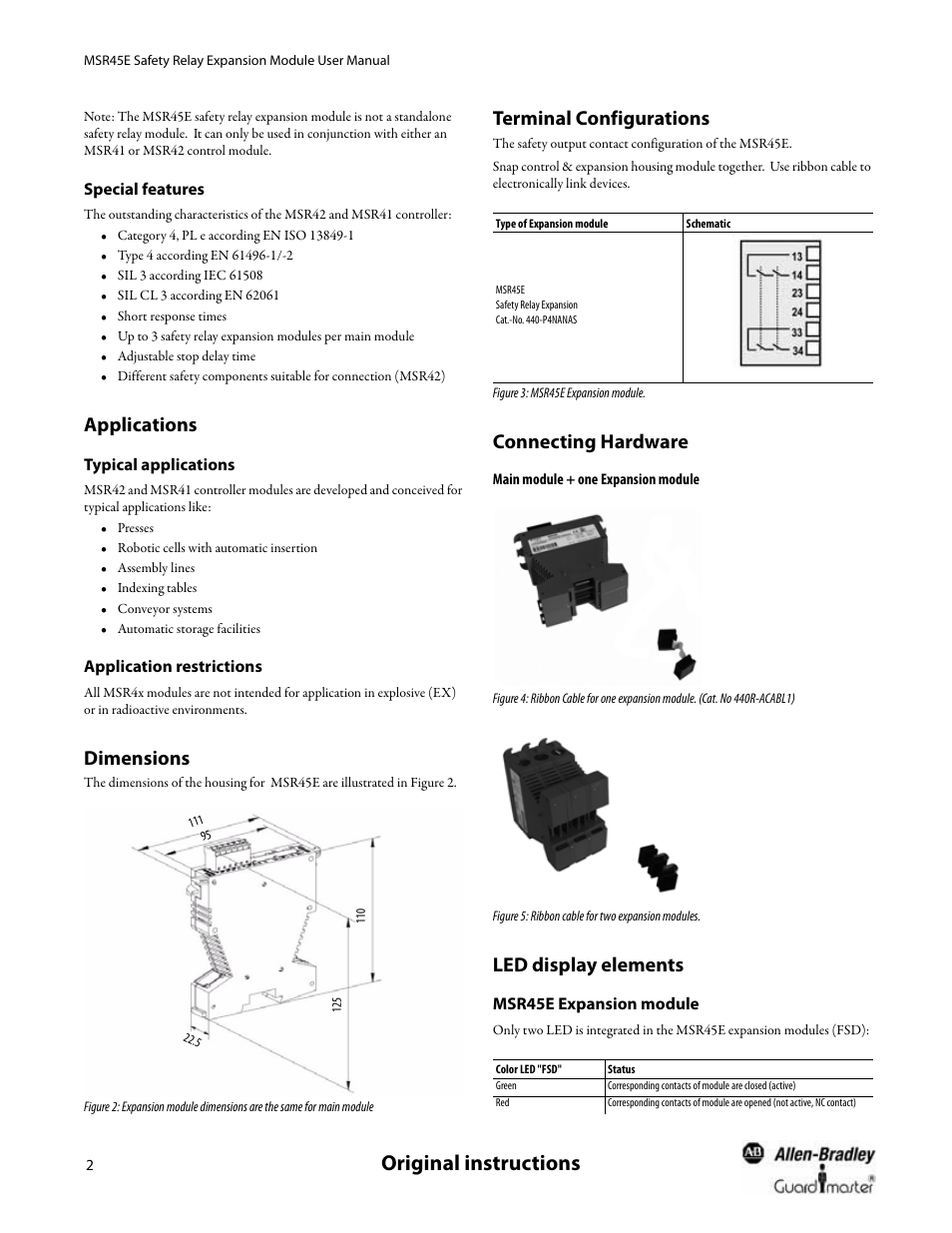 Special features, Applications, Typical applications | Application restrictions, Dimensions, Terminal configurations, Connecting hardware, Main module + one expansion module, Led display elements, Msr45e expansion module | Rockwell Automation 440R MSR45E Safety Relay Expansion Module User Manual User Manual | Page 4 / 12