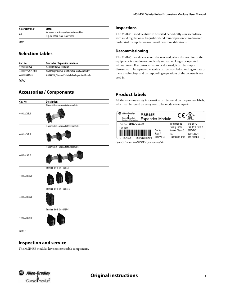 Selection tables, Accessories / components, Inspection and service | Inspections, Decommissioning, Product labels, Original instructions | Rockwell Automation 440R MSR45E Safety Relay Expansion Module User Manual User Manual | Page 5 / 12