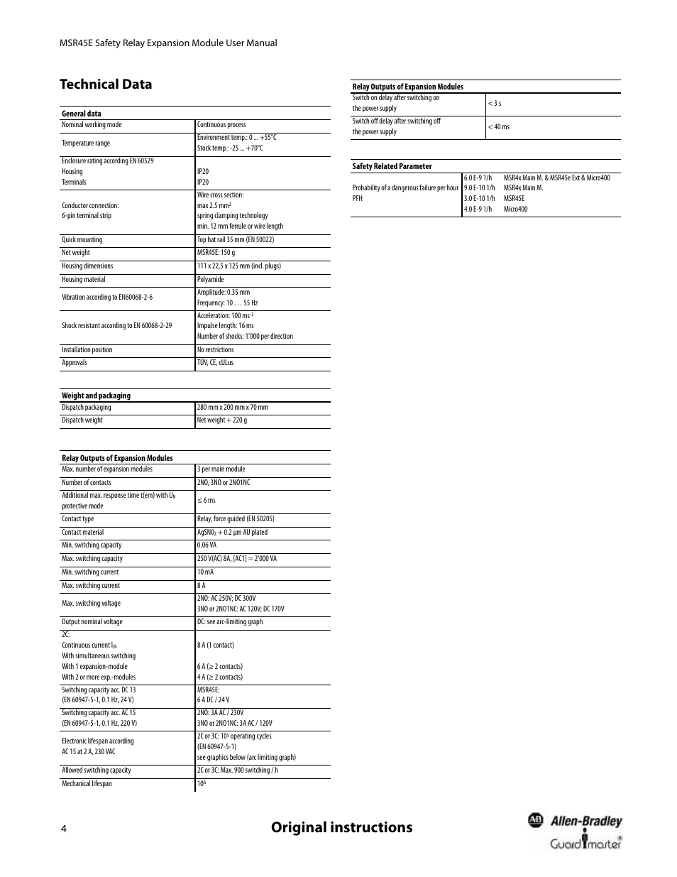 Technical data, Original instructions | Rockwell Automation 440R MSR45E Safety Relay Expansion Module User Manual User Manual | Page 6 / 12