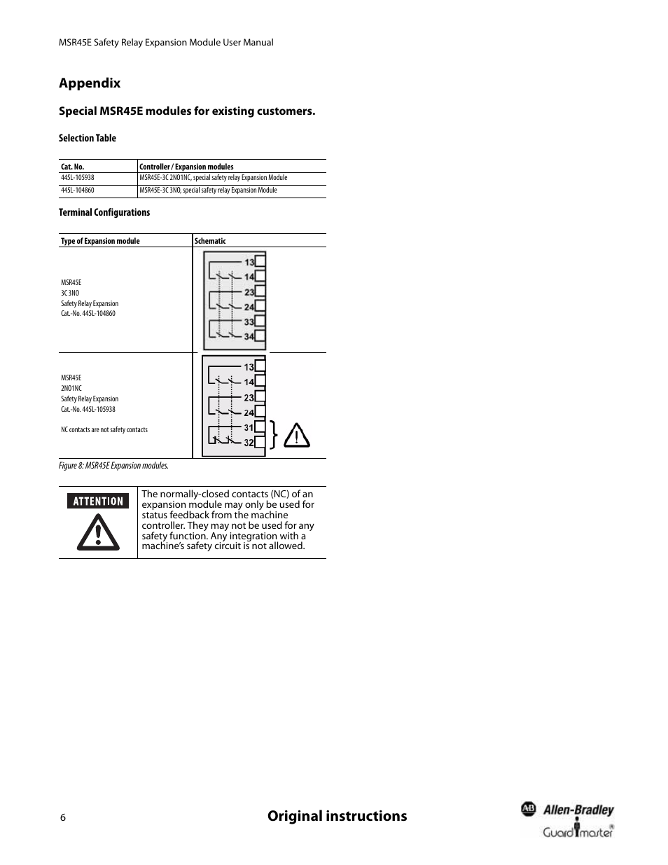 Appendix, Special msr45e modules for existing customers, Selection table | Terminal configurations, Original instructions | Rockwell Automation 440R MSR45E Safety Relay Expansion Module User Manual User Manual | Page 8 / 12