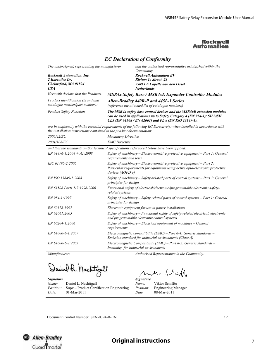 Original instructions, Ec declaration of conformity | Rockwell Automation 440R MSR45E Safety Relay Expansion Module User Manual User Manual | Page 9 / 12