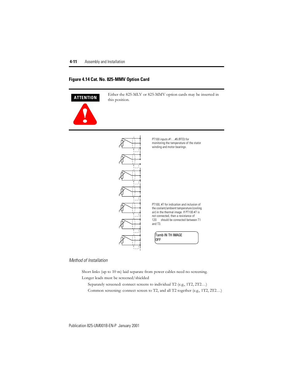 Figure 4.14, Cat. no. 825-mmv option card, Attention | Rockwell Automation 825 Smart Motor Manager User Manual User Manual | Page 102 / 160