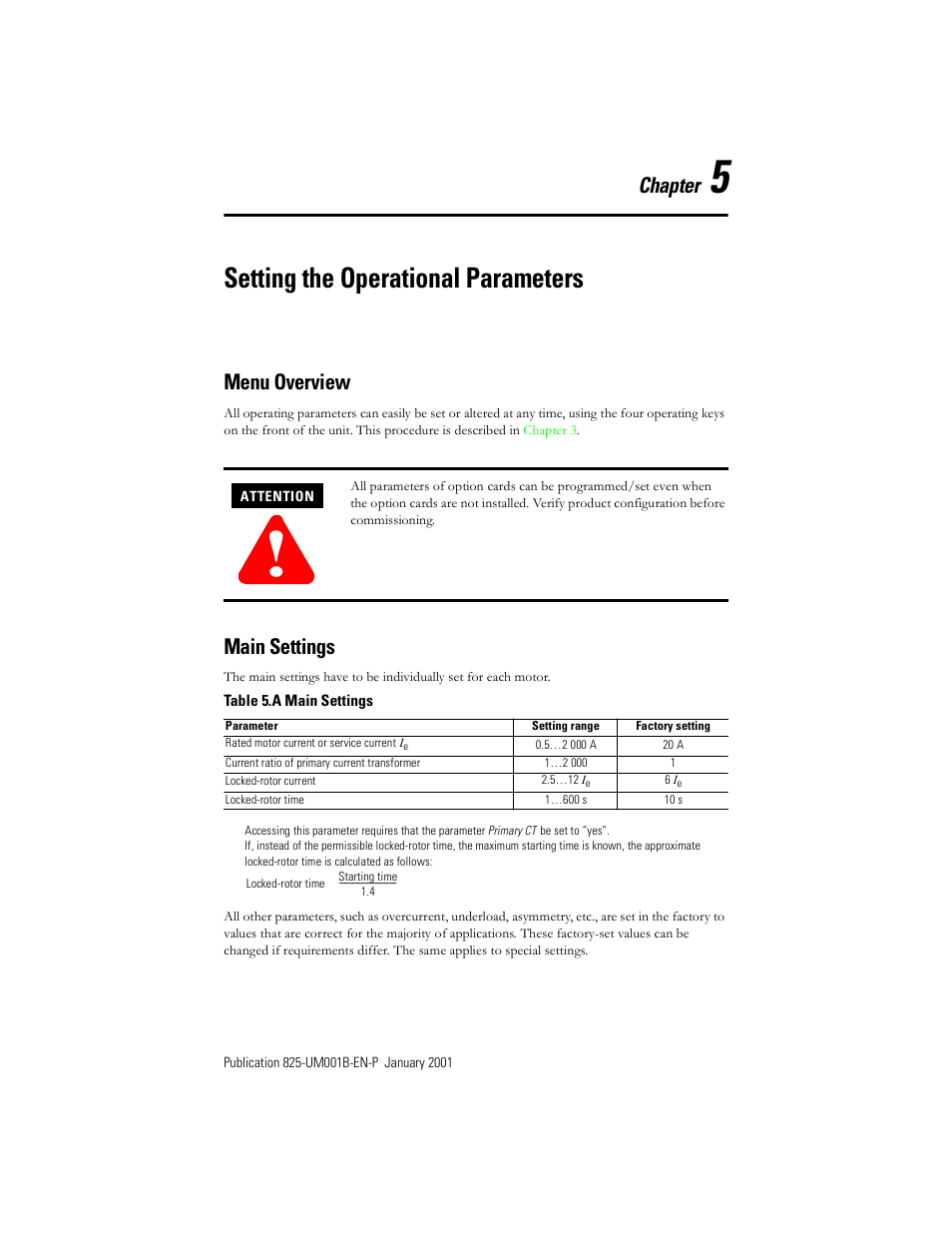 Chapter 5: setting the operational parameters, Menu overview, Main settings | Chapter 5 — setting the operational parameters, Table 5.a, Setting the operational parameters, Chapter | Rockwell Automation 825 Smart Motor Manager User Manual User Manual | Page 104 / 160