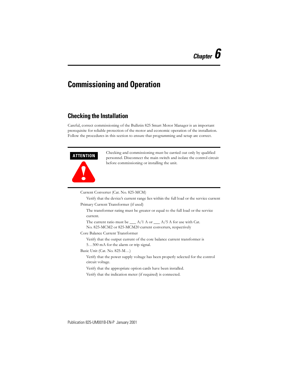 Chapter 6: commissioning and operation, Checking the installation, Chapter 6 — commissioning and operation | Commissioning and operation, Chapter | Rockwell Automation 825 Smart Motor Manager User Manual User Manual | Page 120 / 160