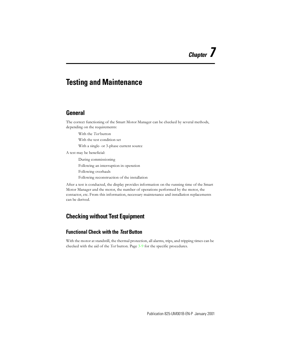 Chapter 7: testing and maintenance, General, Checking without test equipment | Functional check with the test button, Chapter 7 — testing and maintenance, Functional check with the t, Testing and maintenance, Chapter | Rockwell Automation 825 Smart Motor Manager User Manual User Manual | Page 127 / 160