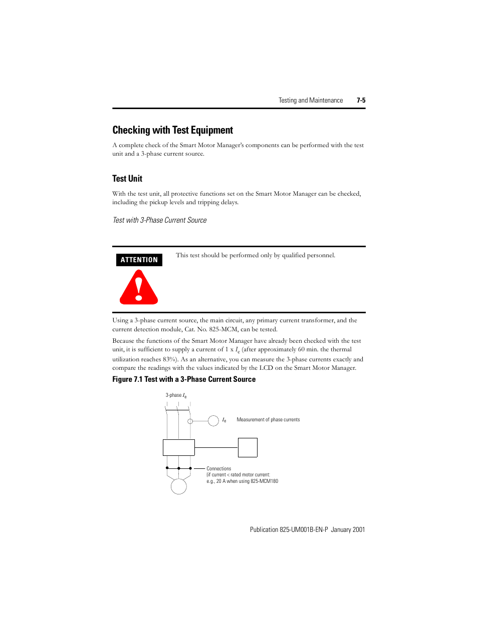 Checking with test equipment, Test unit, Figure 7.1 | Test with a 3-phase current source | Rockwell Automation 825 Smart Motor Manager User Manual User Manual | Page 131 / 160