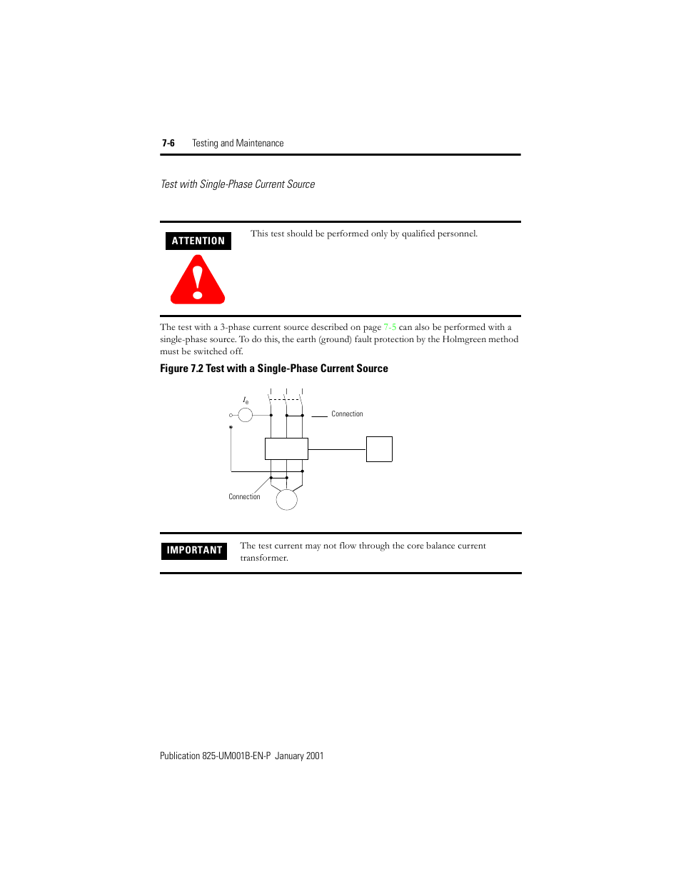 Figure 7.2, Test with a single-phase current source | Rockwell Automation 825 Smart Motor Manager User Manual User Manual | Page 132 / 160