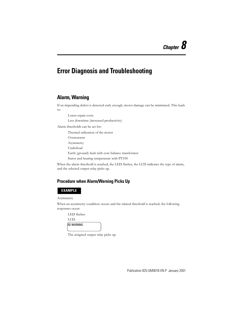 Chapter 8: error diagnosis and troubleshooting, Alarm, warning, Procedure when alarm/warning picks up | Chapter 8 — error diagnosis and troubleshooting, Error diagnosis and troubleshooting, Chapter | Rockwell Automation 825 Smart Motor Manager User Manual User Manual | Page 133 / 160