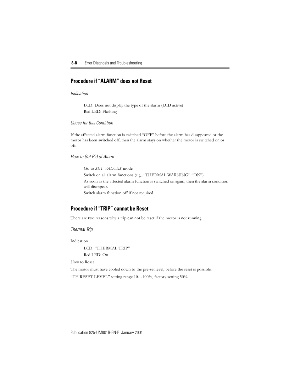 Procedure if “alarm” does not reset, Procedure if “trip” cannot be reset | Rockwell Automation 825 Smart Motor Manager User Manual User Manual | Page 140 / 160