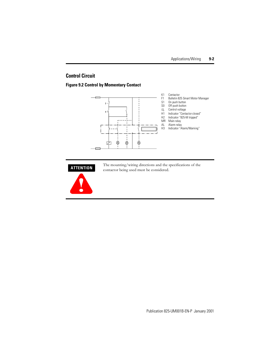 Control circuit, Figure 9.2, Control by momentary contact | Figure 9.2 control by momentary contact | Rockwell Automation 825 Smart Motor Manager User Manual User Manual | Page 143 / 160