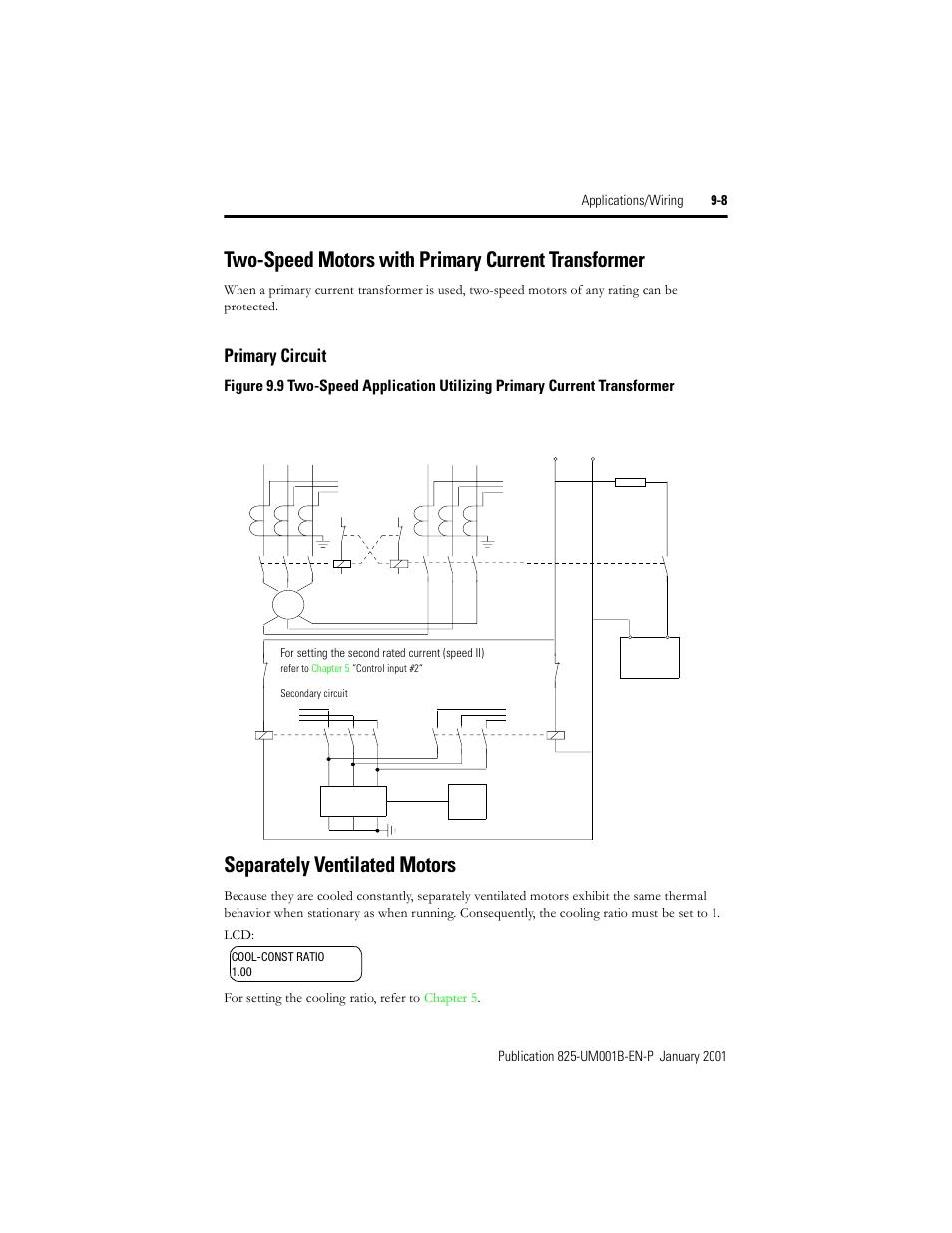 Two-speed motors with primary current transformer, Primary circuit, Separately ventilated motors | Figure 9.9 | Rockwell Automation 825 Smart Motor Manager User Manual User Manual | Page 149 / 160