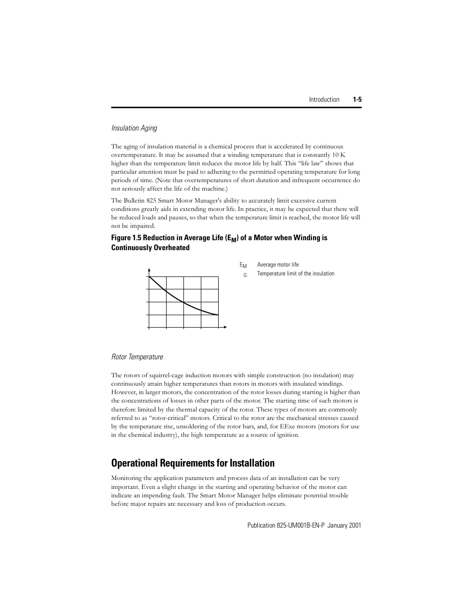 Operational requirements for installation, Figure 1.5, Insulation aging | Figure 1.5 reduction in average life (e | Rockwell Automation 825 Smart Motor Manager User Manual User Manual | Page 19 / 160