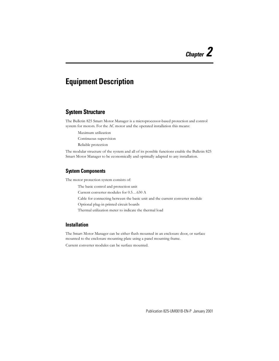 Chapter 2: equipment description, System structure, System components | Installation, Chapter 2 — equipment description, Equipment description, Chapter | Rockwell Automation 825 Smart Motor Manager User Manual User Manual | Page 21 / 160