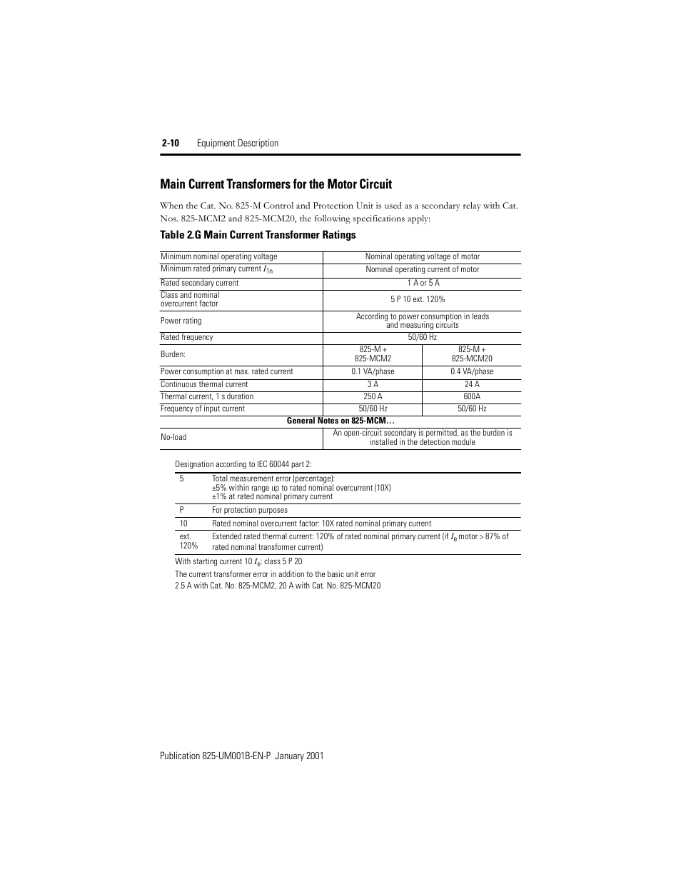 Main current transformers for the motor circuit, Table 2.g, Main current transformer ratings | Rockwell Automation 825 Smart Motor Manager User Manual User Manual | Page 30 / 160