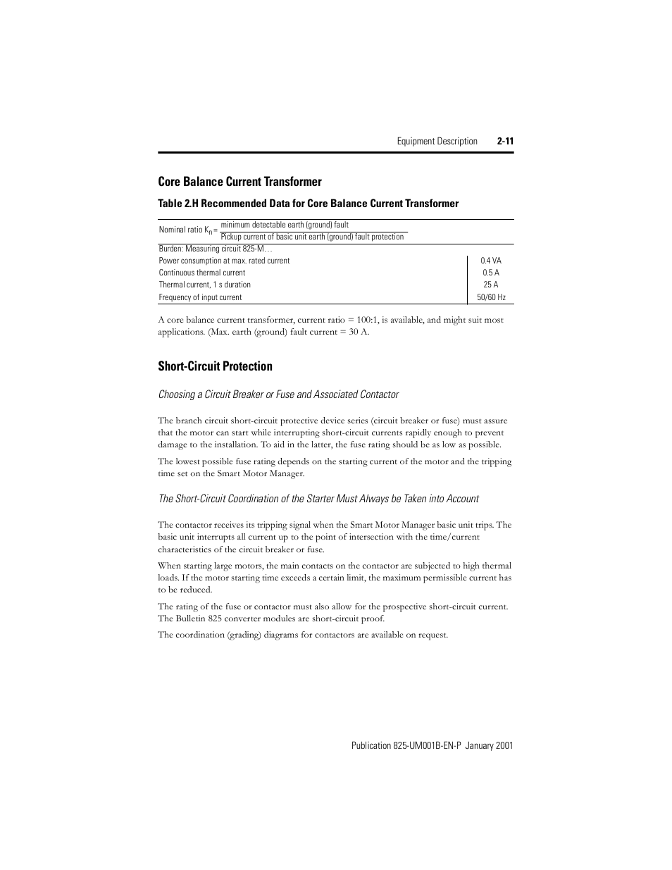 Core balance current transformer, Short-circuit protection, Table 2.h | Rockwell Automation 825 Smart Motor Manager User Manual User Manual | Page 31 / 160