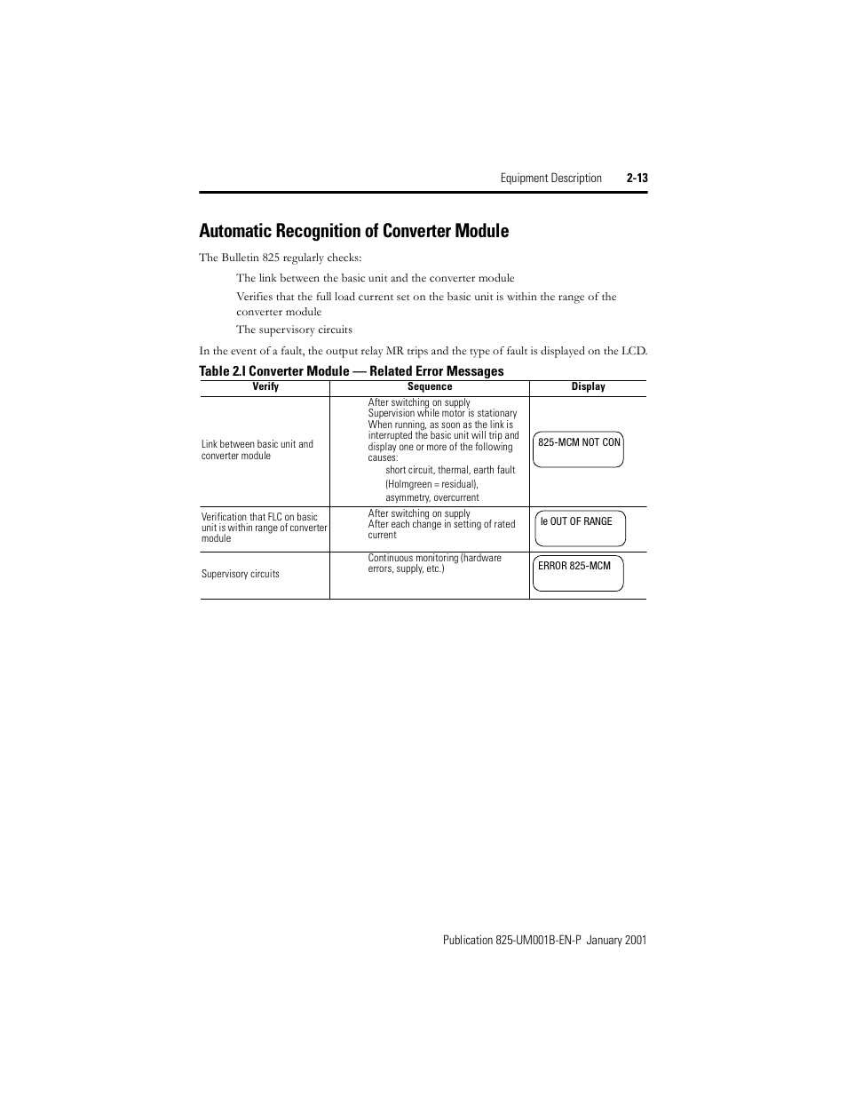 Automatic recognition of converter module, Table 2.i, Converter module — related error messages | Rockwell Automation 825 Smart Motor Manager User Manual User Manual | Page 33 / 160