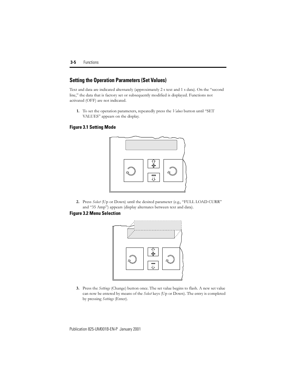 Setting the operation parameters (set values), Figure 3.1, Setting mode | Figure 3.2, Menu selection, Set values, Full load curr 35 amp | Rockwell Automation 825 Smart Motor Manager User Manual User Manual | Page 38 / 160