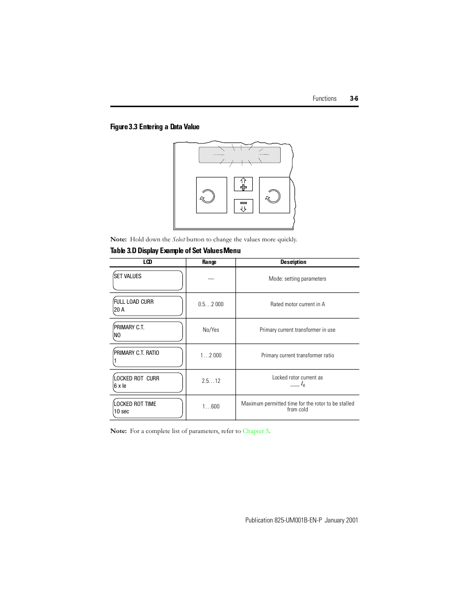 Figure 3.3, Entering a data value, Table 3.d | Display example of set values menu, 35 amp | Rockwell Automation 825 Smart Motor Manager User Manual User Manual | Page 39 / 160