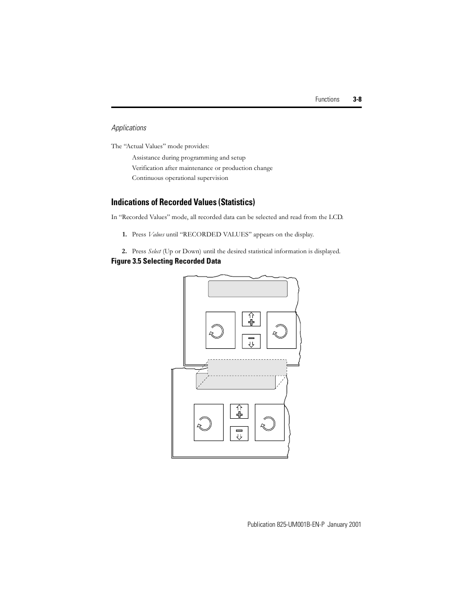 Indications of recorded values (statistics), Figure 3.5, Selecting recorded data | Since last trip, Recorded val 2 h 28 min | Rockwell Automation 825 Smart Motor Manager User Manual User Manual | Page 41 / 160