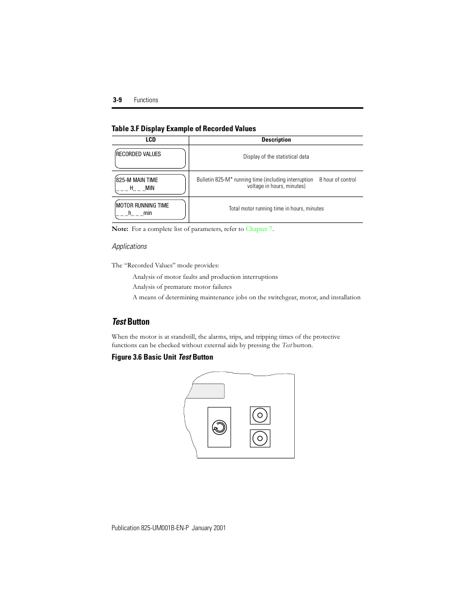 Test button, Figure 3.6, Basic unit | Table 3.f, Display example of recorded values | Rockwell Automation 825 Smart Motor Manager User Manual User Manual | Page 42 / 160