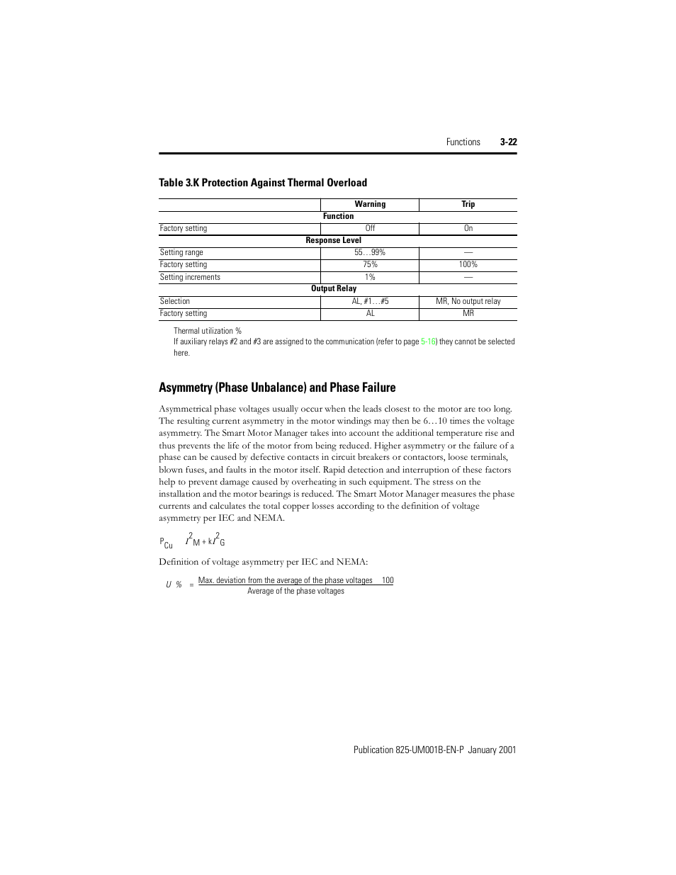 Asymmetry (phase unbalance) and phase failure, Table 3.k, Protection against thermal overload | Rockwell Automation 825 Smart Motor Manager User Manual User Manual | Page 55 / 160