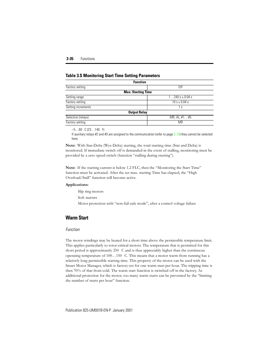 Warm start, Table 3.s, Monitoring start time setting parameters | Rockwell Automation 825 Smart Motor Manager User Manual User Manual | Page 68 / 160