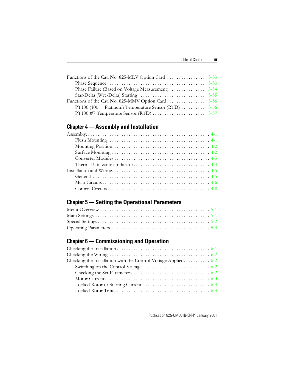 Chapter 4 — assembly and installation, Chapter 5 — setting the operational parameters, Chapter 6 — commissioning and operation | Rockwell Automation 825 Smart Motor Manager User Manual User Manual | Page 7 / 160