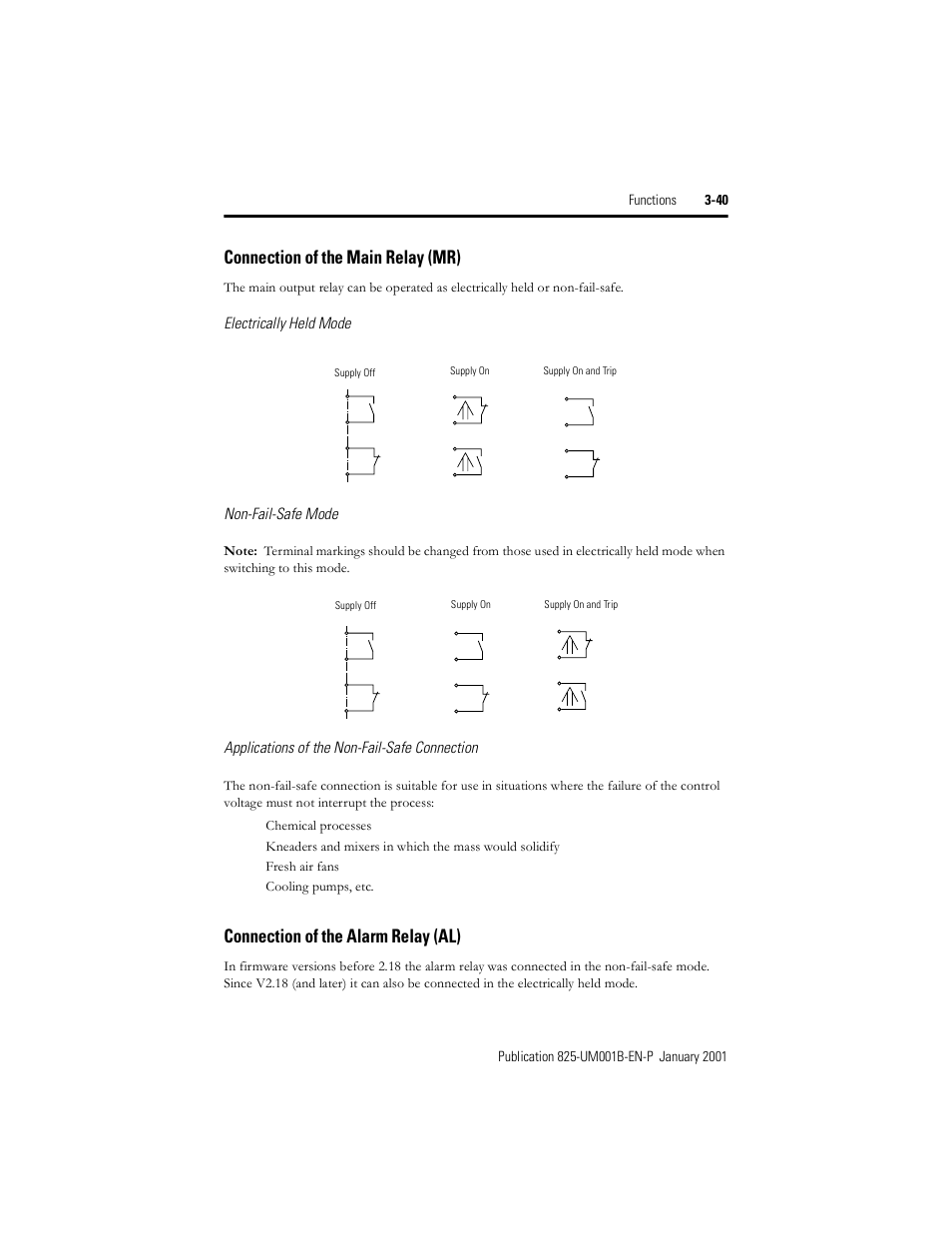 Connection of the main relay (mr), Connection of the alarm relay (al), Electrically held mode non-fail-safe mode | Applications of the non-fail-safe connection | Rockwell Automation 825 Smart Motor Manager User Manual User Manual | Page 73 / 160