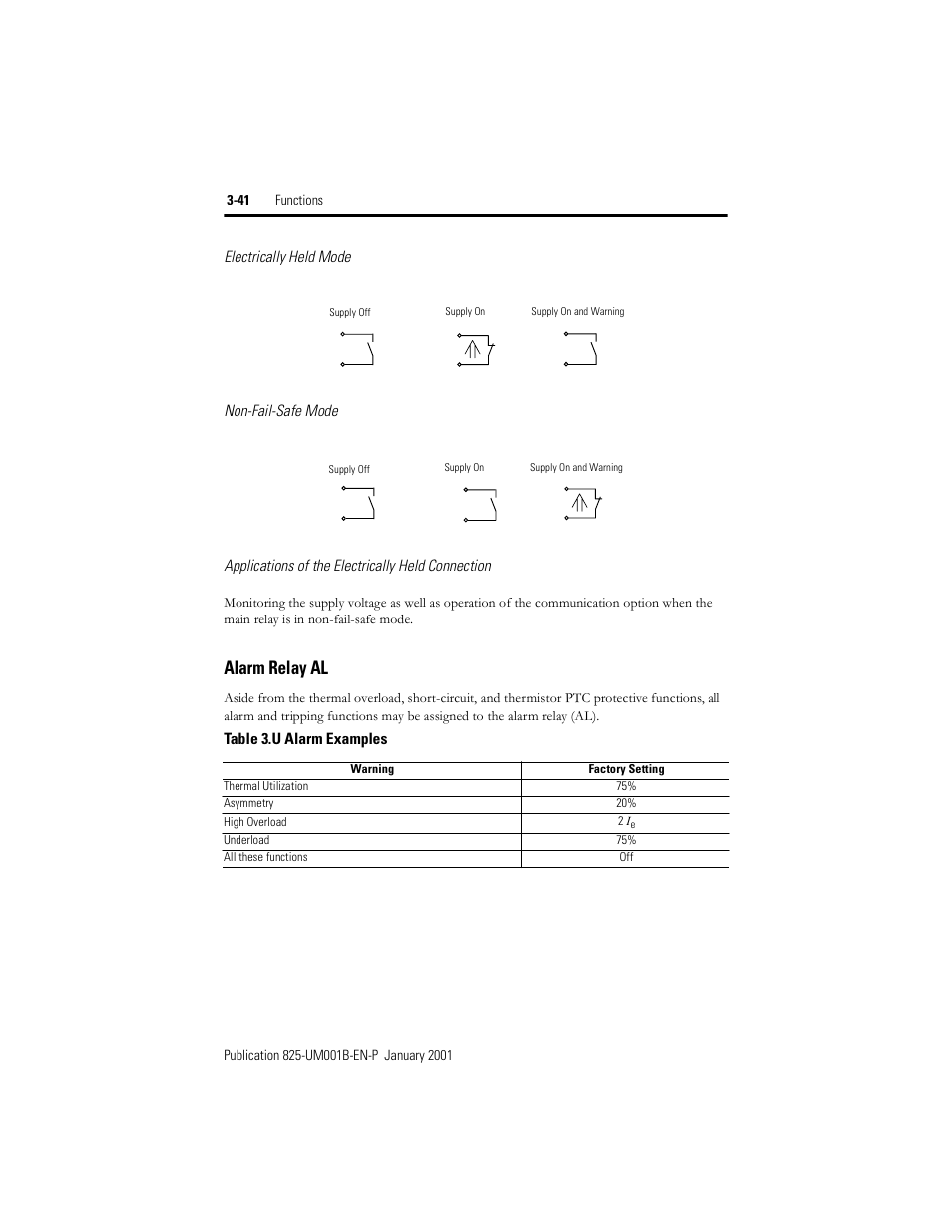 Alarm relay al, Table 3.u, Alarm examples | Table 3.u alarm examples | Rockwell Automation 825 Smart Motor Manager User Manual User Manual | Page 74 / 160