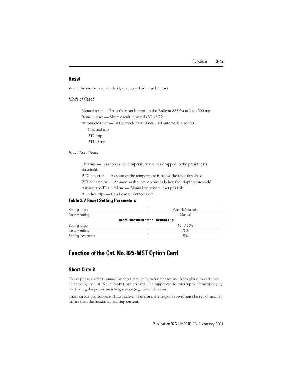 Reset, Function of the cat. no. 825-mst option card, Short-circuit | Table 3.v, Reset setting parameters | Rockwell Automation 825 Smart Motor Manager User Manual User Manual | Page 75 / 160