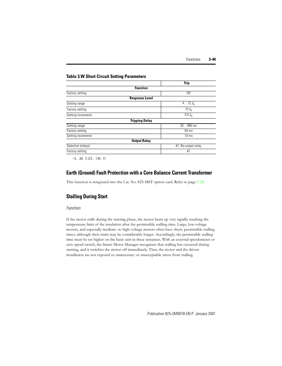 Stalling during start, Table 3.w, Short circuit setting parameters | Rockwell Automation 825 Smart Motor Manager User Manual User Manual | Page 77 / 160