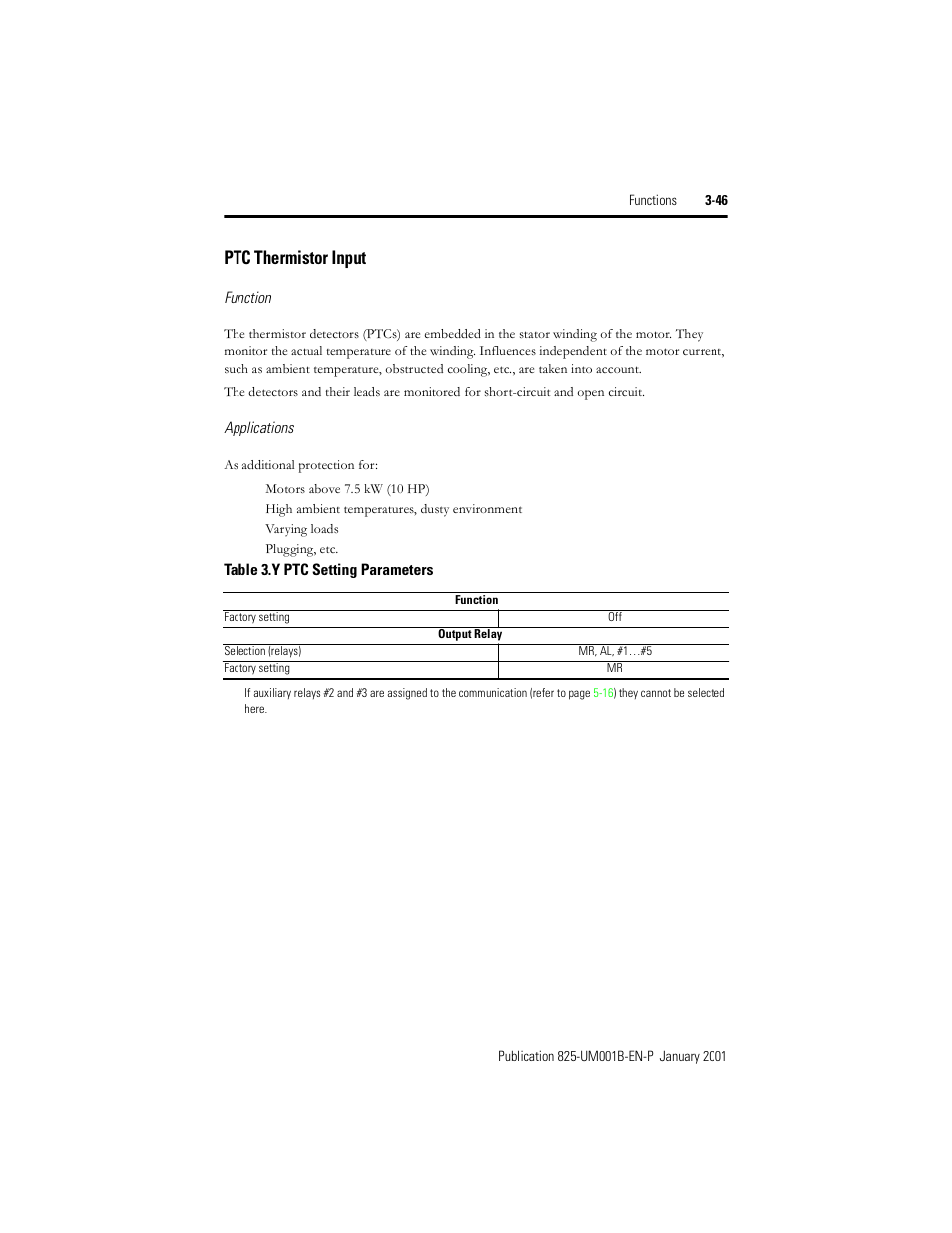 Ptc thermistor input, Table 3.y, Ptc setting parameters | Rockwell Automation 825 Smart Motor Manager User Manual User Manual | Page 79 / 160