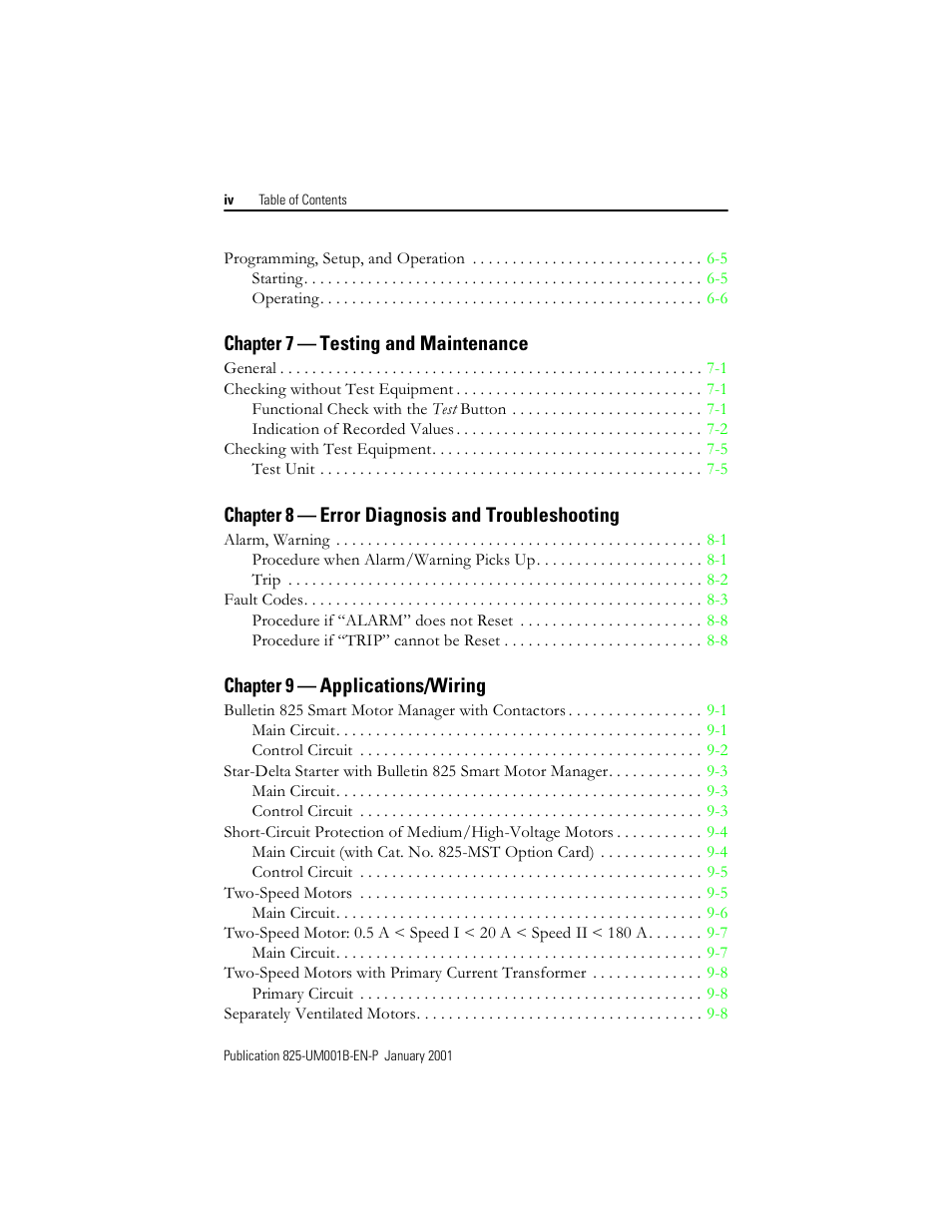 Chapter 7 — testing and maintenance, Chapter 8 — error diagnosis and troubleshooting, Chapter 9 — applications/wiring | Rockwell Automation 825 Smart Motor Manager User Manual User Manual | Page 8 / 160