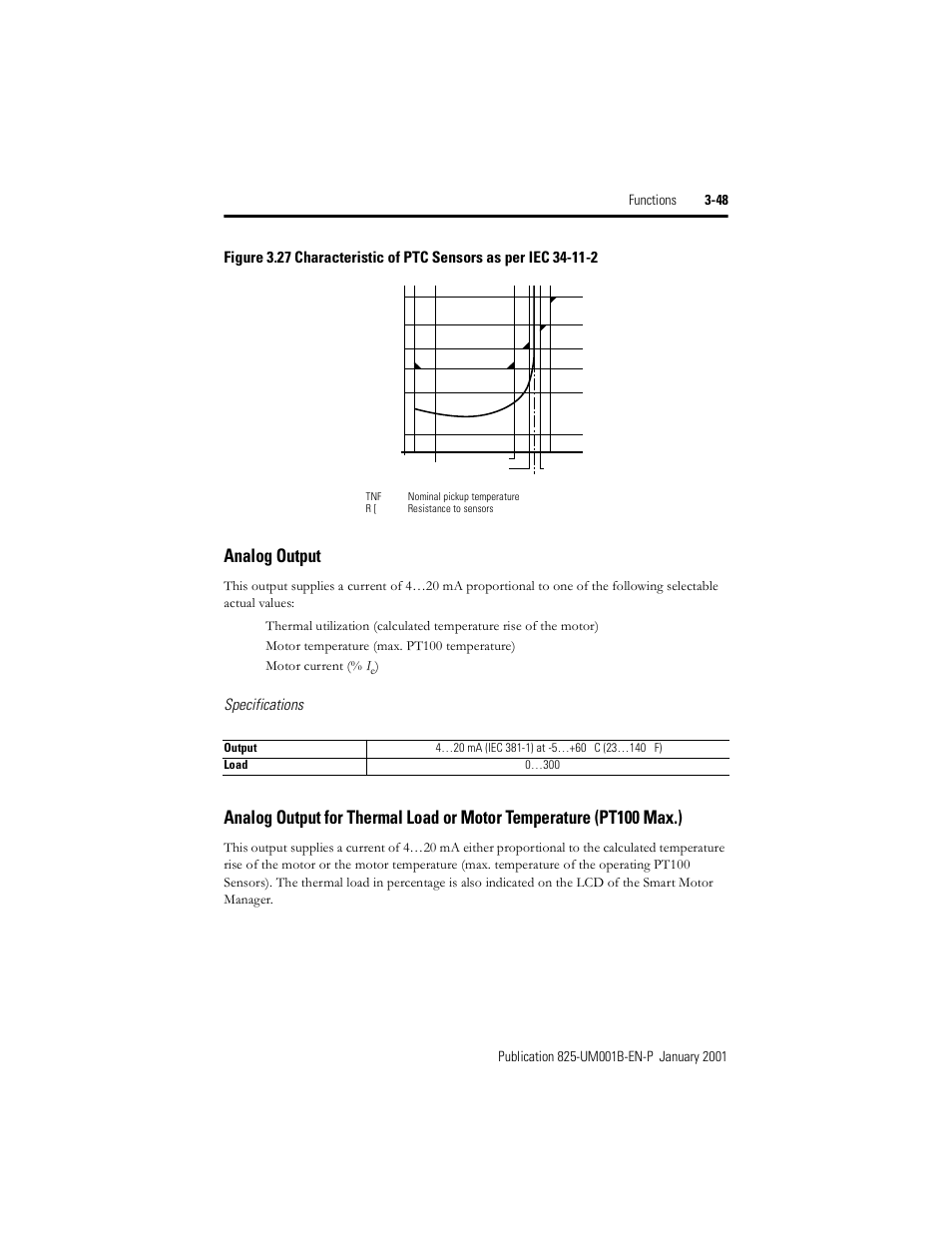 Analog output, Figure 3.27, Characteristic of ptc sensors as per iec 34-11-2 | Specifications | Rockwell Automation 825 Smart Motor Manager User Manual User Manual | Page 81 / 160