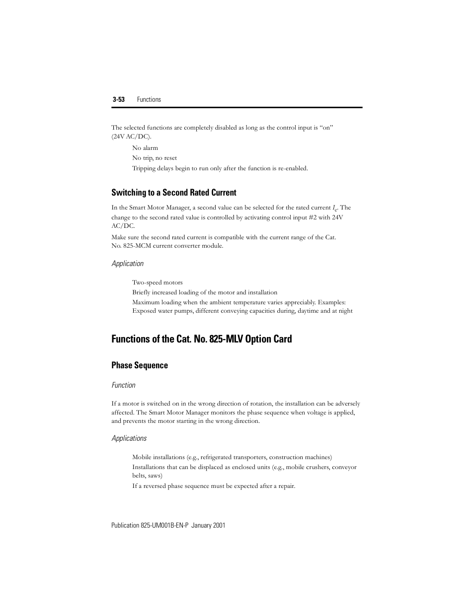 Switching to a second rated current, Functions of the cat. no. 825-mlv option card, Phase sequence | Rockwell Automation 825 Smart Motor Manager User Manual User Manual | Page 86 / 160