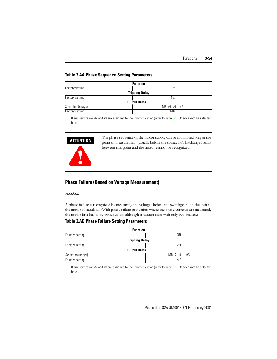 Phase failure (based on voltage measurement), Table 3.aa, Phase sequence setting parameters | Table 3.ab, Phase failure setting parameters | Rockwell Automation 825 Smart Motor Manager User Manual User Manual | Page 87 / 160