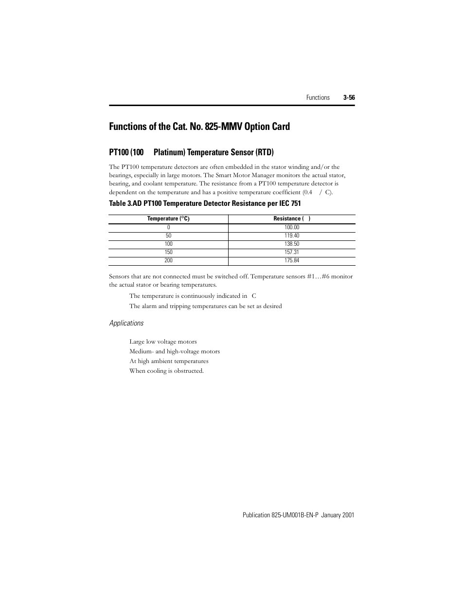 Functions of the cat. no. 825-mmv option card, Pt100 (100w platinum) temperature sensor (rtd), Pt100 (100 | Table 3.ad, Pt100 temperature detector resistance per iec 751 | Rockwell Automation 825 Smart Motor Manager User Manual User Manual | Page 89 / 160