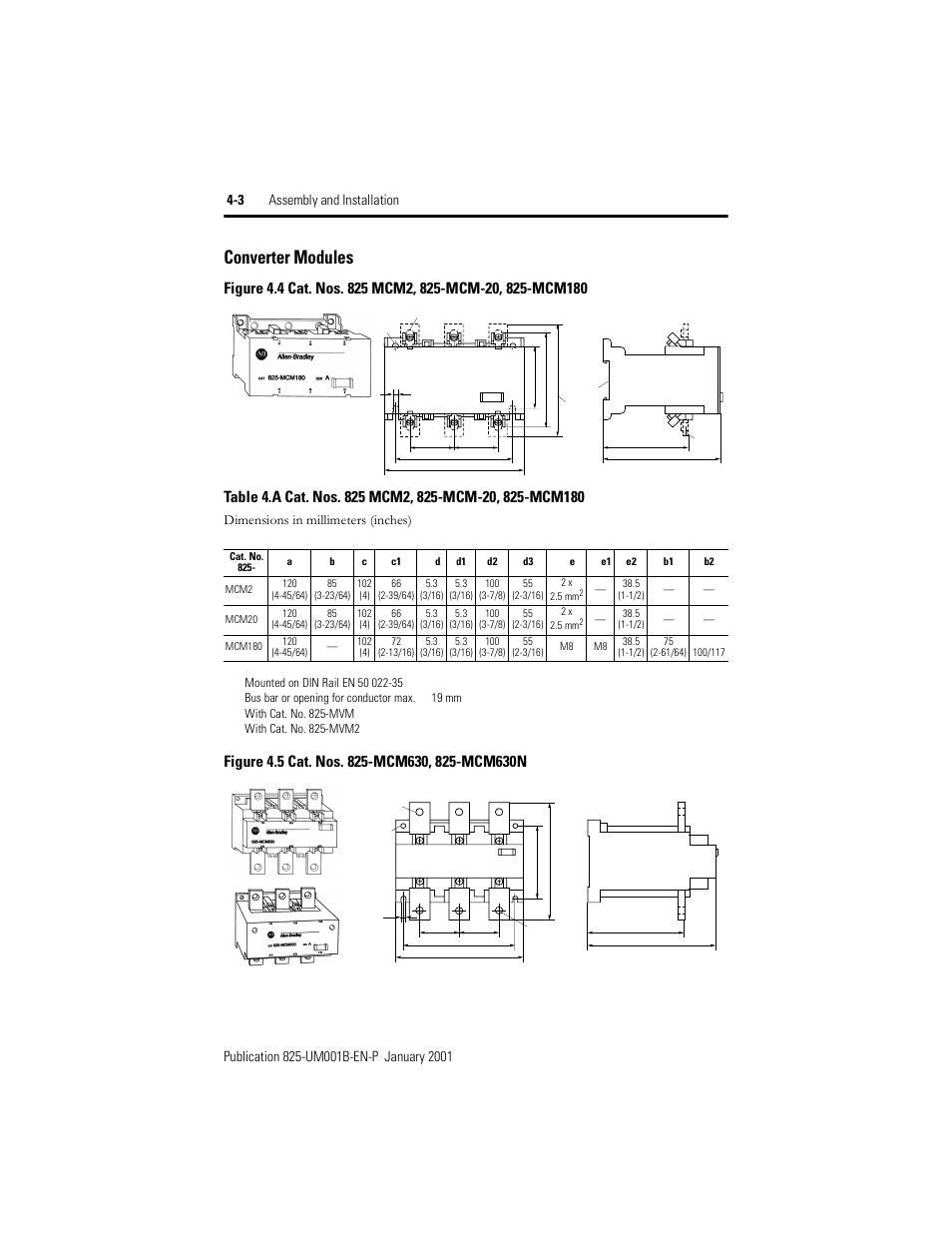 Converter modules, Figure 4.4, Cat. nos. 825 mcm2, 825-mcm-20, 825-mcm180 | Figure 4.5, Cat. nos. 825-mcm630, 825-mcm630n, Table 4.a | Rockwell Automation 825 Smart Motor Manager User Manual User Manual | Page 94 / 160