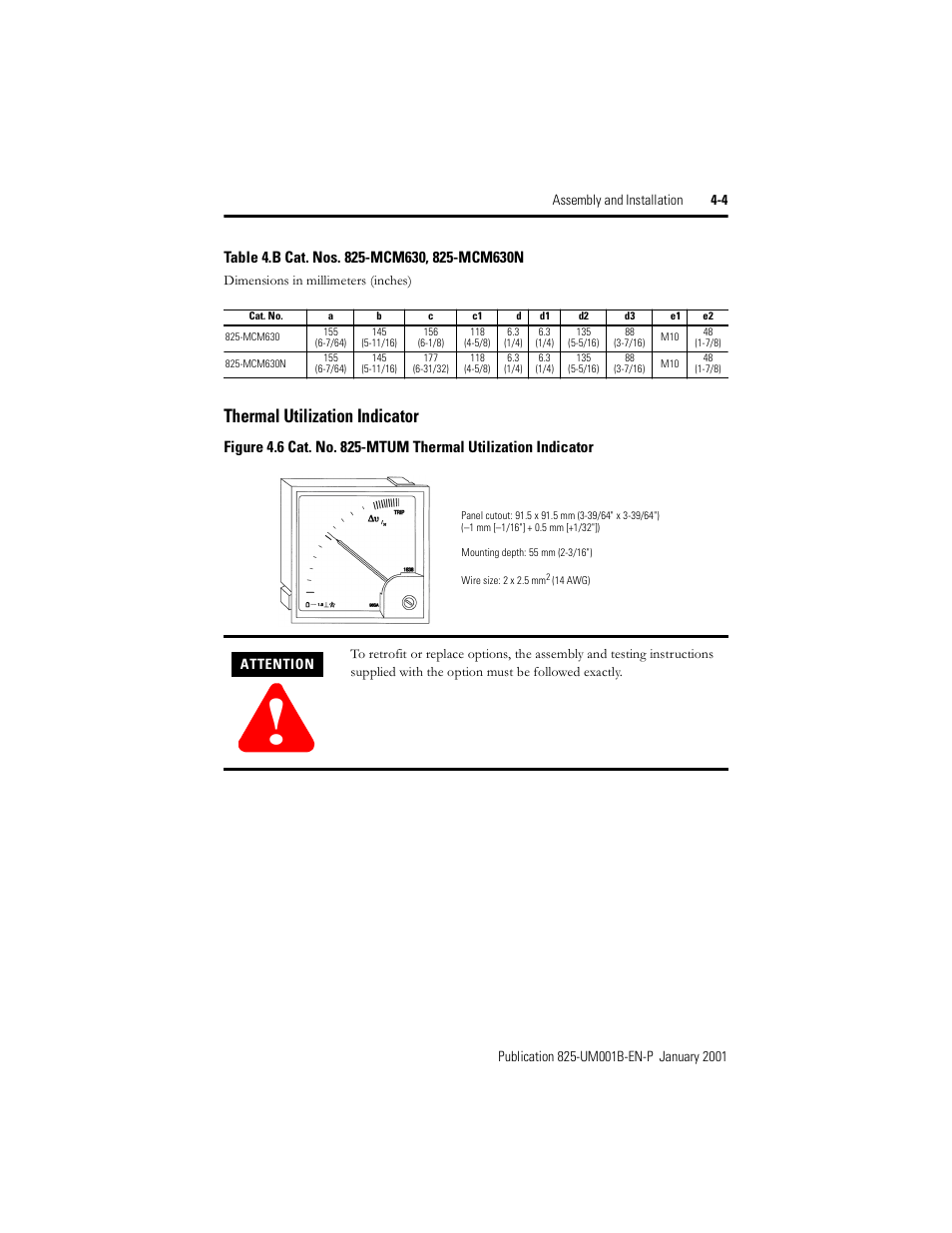 Thermal utilization indicator, Figure 4.6, Cat. no. 825-mtum thermal utilization indicator | Table 4.b, Cat. nos. 825-mcm630, 825-mcm630n | Rockwell Automation 825 Smart Motor Manager User Manual User Manual | Page 95 / 160